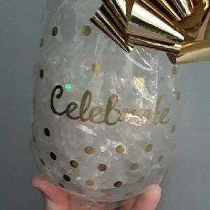 NWT FREE?Stemless Wine Glass "Celebrate", Gold Polka Dots